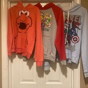 Three Size Small Hoodies Lot: Elmo, Super Mario, Marvel